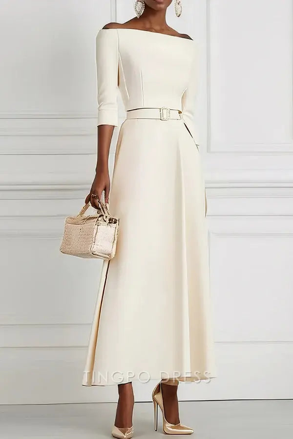 Elegant Sheath/Column Solid Color Off - Shoulder Belted Waist-tied Midi Dress Prom Dress